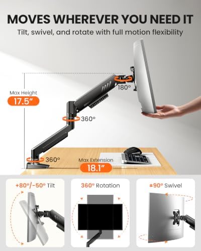 ErGear Single Monitor Arm, Fully Adjustable Monitor Mount for 13–34 Inch Screens, Fast Install Computer Monitor Stand with Tool-Free VESA Mount, Cable Management, Holds 19.8 lbs, Max VESA 100x100mm - Image 4