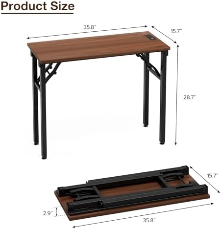 TEMI Small Computer Desk Folding Table - No Assembly, Compact 35.8" Foldable Desk with Power Outlets & USB Charging Port, Portable Small Office Desk, Ideal Mini Study Table for Narrow Spaces, Walunt - Image 3