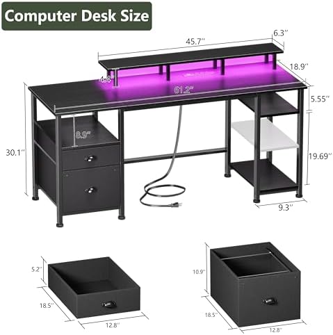 Furologee 61" Gaming Desk with Outlets & LED, Large Computer Desk, Black - Image 2