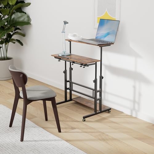 Hadulcet Mobile Standing Desk Adjustable Height, Rolling Desk Stand Up Desk, Mobile Laptop Desk, Rolling Computer Desk with Charging Station, Portable Desk with Wheels, Rustic Brown - Image 2