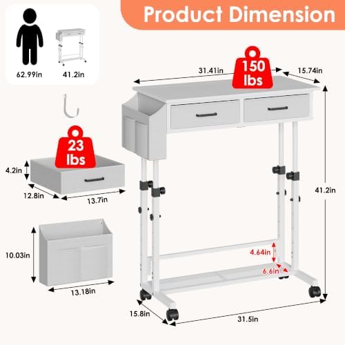 Standing Desk with Wheels, Adjustable Height Rolling Desk with 2 Drawers - Image 2