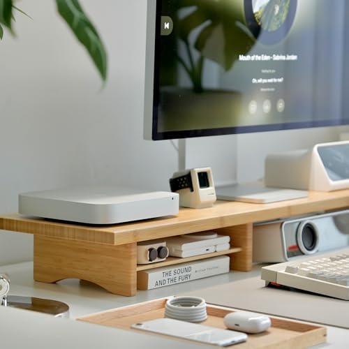 Bamboo Dual Monitor Stand Riser, 2-Tier Desk Shelf with Storage - Image 4