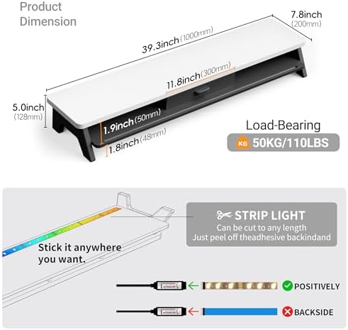 AFOOYO Dual Monitor Stand Riser,LED 2-Tier 39.3 Inch Computer Monitor Stand for 2 Monitors,Office Desktop Organizer with Storage Drawer and Phone Holder for Laptop,PC,Computer,Printer,White - Image 7