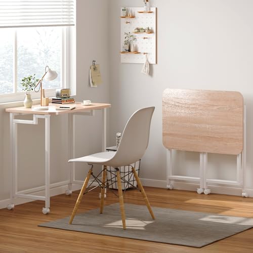 JSB Folding Desk for Small Spaces,Mobile Portable Rolling Laptop PC Table on Wheels,Foldable Computer Desk for Home Office,Bedroom,Dorm,Space Saving (Natural & White, 23.6") - Image 2