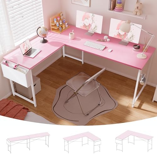 Pamray 64.5 Inch Reversible L Shaped Gaming Desk Large Corner Computer Desk with Storage Bag Home Office Table for Writing Study Pink by PAMRAY
