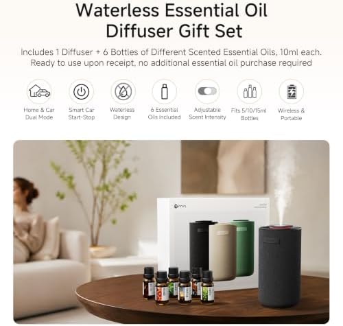 Waterless Essential Oil Diffuser Set with 6x10ml Oils, Cordless Home & Car - Image 2