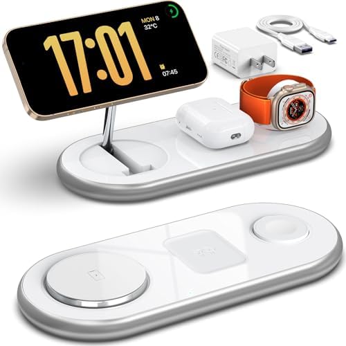 3 in 1 Charging Station for Apple - Faster Mag-Safe Charger Stand for iPhone - Magnetic Wireless Charger Station for iPhone 17/16/15/14/13/12 Series, Apple Watch Series, AirPods Pro (White) by okFlyman