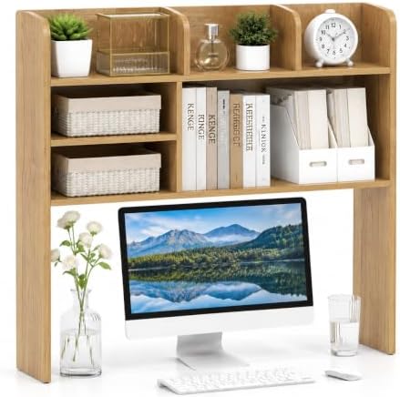 POWERSTONE 37" Desk Hutch with 6 Shelves, Desktop Bookshelf Natural by POWERSTONE%C2%AE