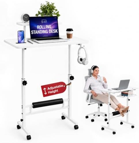Small Rolling Desk with Wheels, Adjustable Height 27"-43.3" Portable Standing Desk, 31.5"x15.7" Tabletop, Mobile Laptop Computer Table for Home Office Workstation, White by Unknown