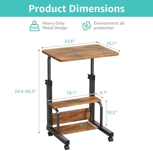 WINAZ C Shaped Rolling Laptop Desk - 24" Rustic Brown Mobile Desk with Wheels for Small Spaces, Height Adjustable Overbed Table with 2-Tier Storage Shelves - Image 3