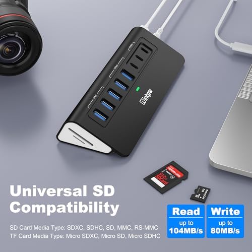 Powered USB Hub 10Gbps, intpw YH6AC Plus 10-Port USB 3.2 Hub(USB A/USB C 3.2+3 USB-A 3.0+2 PD 45W Fast Charging Ports+SD/TF Card Reader), 65W Power Adapter,Aluminum USB HUB for PC/Laptop,iPhone 17/16 - Image 5