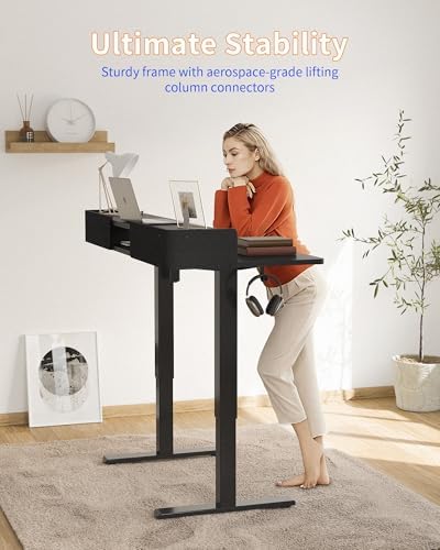 YIHAYO Electric Standing Desk with Drawers, 60 x 24 Inches Adjustable Desk with Storage Shelf, Computer Table with Splice Board for Home Office, Black Frame/Black Top - Image 3