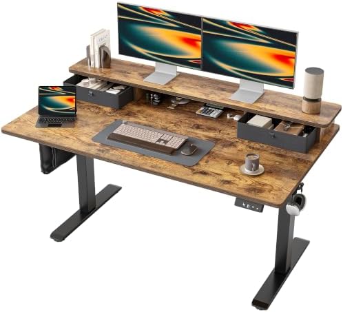 TIQLAB 55 * 28 inch Standing Desk with Two Drawers&Top Shelf, Rustic Brown by TIQLAB