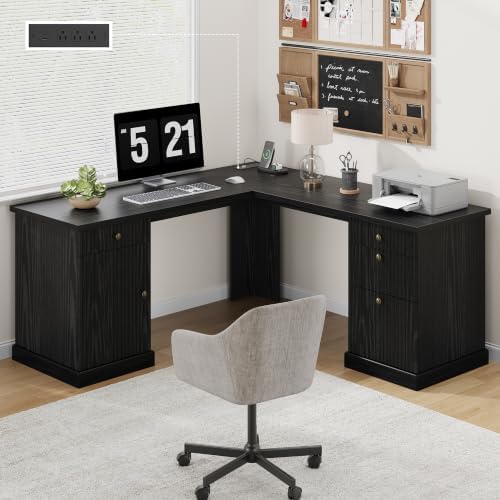 Garvee 60" Fluted L Shaped Desk with File Drawer, Corner Desk with Storage by Garvee