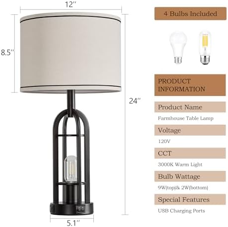 SRJJA 24" Black Table Lamps for Living Room Bedroom Set of 2, USB A+C - Image 6