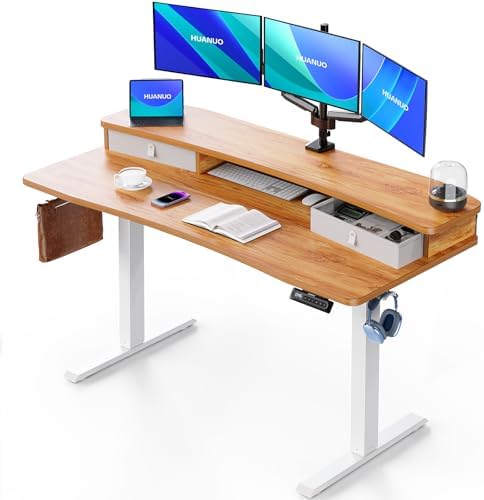 HUANUO 55″ x 26″ Electric Standing Desk with 2 Drawers, C-Clamp Mount Compatible, Height Adjustable Computer Desk, Home Office Stand Up Desk with 4 Preset Heights & 2 Hooks, Light Vintage by HUANUO