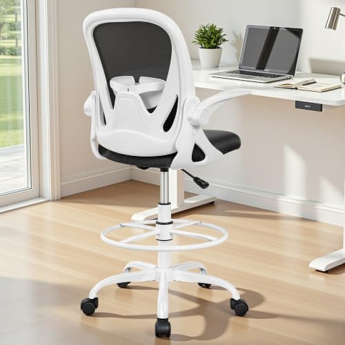 Primy Ergonomic Drafting Chair with Flip-up Armrests Tall Office Chair for Standing Desk Comfortable Desk Chair with Adjustable Footrest Ring and Lumbar Support in Gray Perfect for Home (White) - Image 2