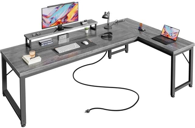 PRAISUN 53" L Shaped Computer Desk, Power Outlets, Monitor Stand, Grey by PRAISUN