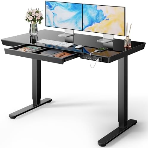 Marsail Glass Standing Desk with Drawer, 48 x 24 inch Electric Standing Desk, Height Adjustable Desk with One-Piece Tabletop & USB Charging Ports, Sit Stand Desk with Storage for Home & Office Black by Marsail