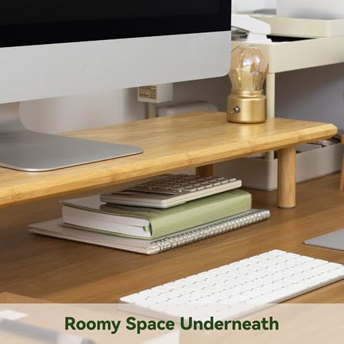 Bamboo Dual Monitor Stand Riser, Natural Desk Shelf with Storage - Image 3