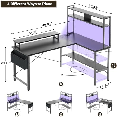 Aheaplus L Shaped Gaming Desk with Power Outlets & LED Lights, Black - Image 2