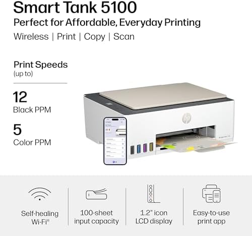 HP Smart Tank 5100 Wireless All-in-One Refillable Printer, Scanner, Copier with up to 3 Years of Ink Included, Best-for-Home, Cartridge-Free, AI-Capable (9B2D1A) - Image 3