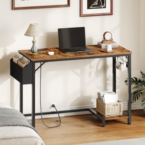 HOOBRO Small Gaming Desk, Computer Desk with Charging Station, Rustic Brown - Image 2