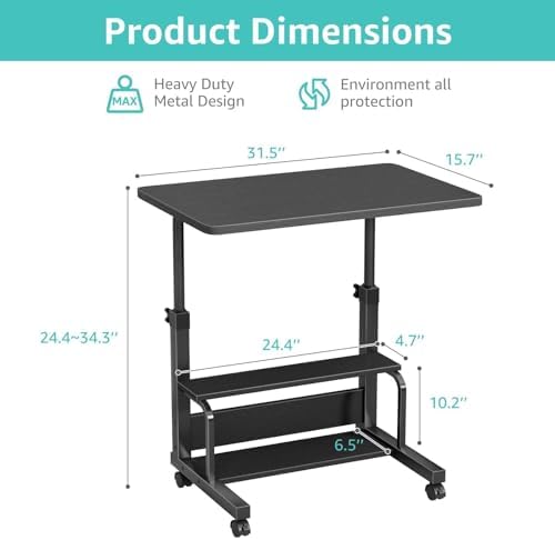 WINAZ Small Portable Rolling Kids Desk - 32" Mobile Laptop Desk with Wheels for Small Spaces, Height Adjustable C Shaped Side Table with 2-Tier Storage Shelves, Black - Image 3