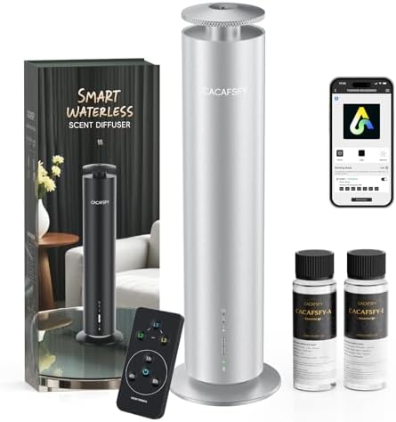 Waterless Essential Oil Diffuser for Large Room up to 1000 Sq Ft - Smart Hotel Scent Diffuser for Home with App, Remote & Timer, Whisper-Quiet Aluminum, Includes 2 x 120ml Oils by CACAFSFY
