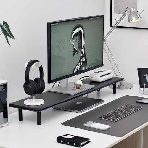 Bamboo Dual Monitor Stand Riser, Black Desk Shelf with Storage by Rocdeer