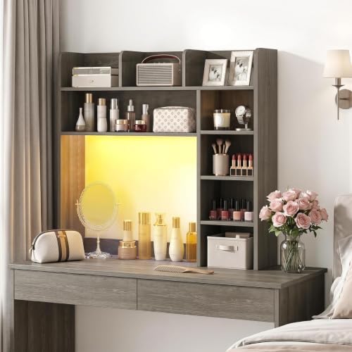 GLACER Desktop Bookshelf with LED Lights, Desk Hutch for Max 25" Monitor - Image 4