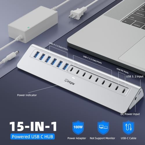 Powered USB Hub 10Gbps, intpw 15-Port USB 3.2/USB C Hub (6 x USB-A 3.2 + 7 x USB-C 3.2 10Gbps +2 x PD 45W Fast Charging Ports), 3Ft Cable, Aluminum USB Hub for PC/Laptop/iPhone 17/16/MacBook Neo - Image 2