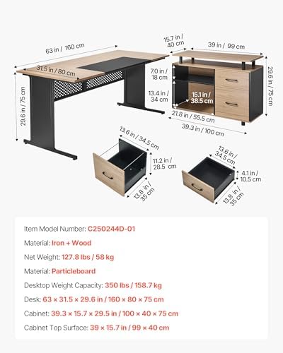 VEVOR 63" L-Shaped Executive Desk, Large Office Desk with Drawers, File Storage Cabinet, Detachable 350 LBS Load Capacity Corner Table, Easy Assembly, Business Furniture Workstation for Home Office - Image 2