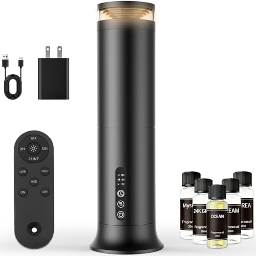 Waterless Essential Oil Diffuser, Cold Air Scent Diffuser Oil Machine, Dry Mist Aromatherapy Diffuser for Large Home Office Hotel Spa,Remote Control, Ultra-Quiet, 5 Oils Starter Kit by Unknown