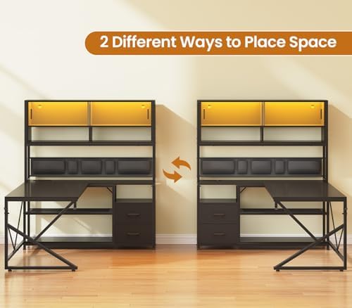 SEDETA L Shaped Gaming Desk with Storage Shelves, 2 Drawer, LED Light - Image 4