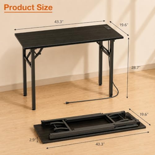 Folding Table Computer Desk - 43.3" No Assembly Folding Desk with Power Outlets & USB Charging Port, Small Desk, Foldable Office Desk, Compact Storage Portable Use for Small Space, Dark Oak - Image 3