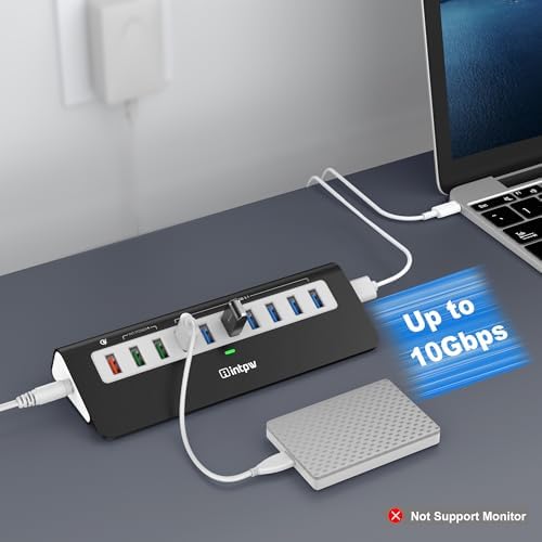 Powered USB Hub 10Gbps, 10 Port USB 3.2 Gen 2 Hub with 7 USB 3.2 Data Ports, 3 Fast Charging Ports, 36W Power Adapter, Type A and Type C Cable, Aluminum USB Hub for Laptop, Mac, PC - Image 3