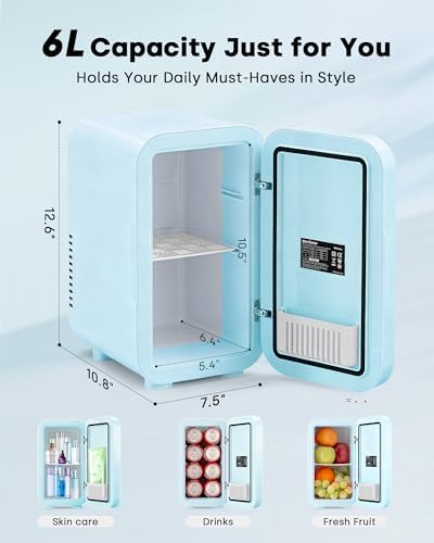Enventor Mini Fridge with Dimmable LED Mirror, 6L/8 Can, AC/DC Power, Blue - Image 6