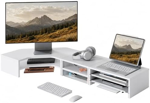 Fenge Dual Monitor Stand, Corner Desk Shelf with Drawer & Slide-Out Tray by Fenge