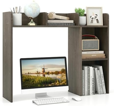 MAT EXPERT Desk Organizer, Wooden Desktop Shelf for 27 Inch Monitor with 5 Shelves & Non-Slip Foot Pads, Anti-Tipping Device, Multipurpose Desk Hutch for Study, Office, Dorm (Grey) by MATEXPERT