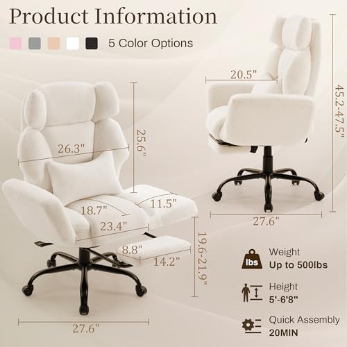 Office Chair with Flip Armrests,Big and Tall Office Chair with Foot Rest,Extra Wide Seat & Lumbar Pillow,Ergonomic Computer Gaming Chair,Comfy Criss Cross Chair for Pets Sitting,Teddy Fleece,White - Image 2