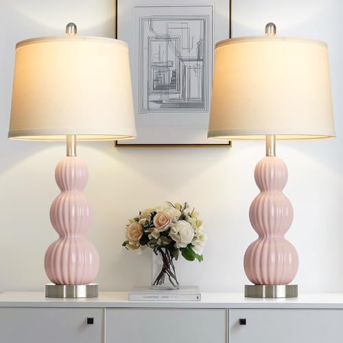 28" Pink Ceramic Table Lamps Set of 2, Modern Bedside Lamps for Night Stands, Triple Gourd Table Lamp for Living Room End Table or Bedroom Nightstand (2 LED Bulbs Included) by Luxeflow