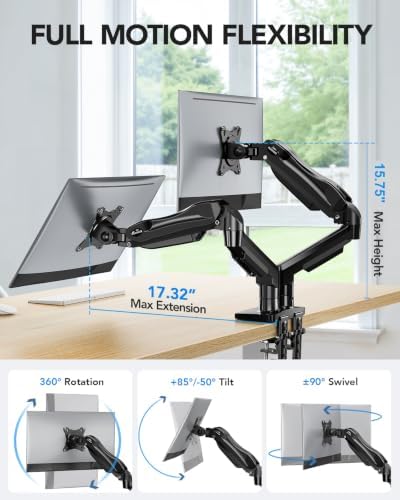 HUANUO FlowLift™ Dual Monitor Stand, Fully Adjustable Gaming Monitor Desk Mount for 13–32″ Computer Screens, Full Motion VESA 75x75/100x100 with C-Clamp & Grommet Base, Each Arm Holds 4.4 to 19.8 lbs - Image 3