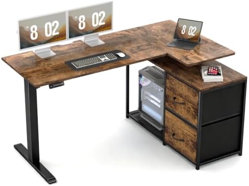 55″ Electric Standing Desk with Drawers, L-Shaped Vintage Brown Adjustable Height Corner Gaming Computer Desk for Home Office, Memory Preset, Stable Steel Frame, Power Outlet & USB-C Port by Unknown