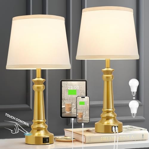 EJIAXIN Touch Lamps for Nightstand Set of 2 - Gold Table Lamp for Bedroom Dimmable Bedside Lamps with USB C+A Ports - Lamps for Night Stands Living Room End Table,2 LED Bulbs Included by WelcometoEJIAXIN