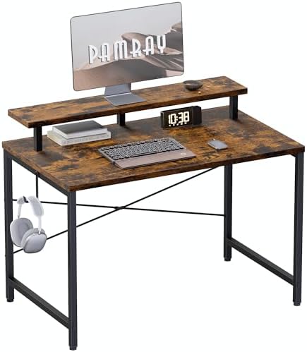 Pamray 32 Inch Small Computer Desk with Monitor Stand, Simple Office Desk with Headphone Hook for Small Spaces, Kids Study Writing Table for Bedroom, Vintage by PAMRAY