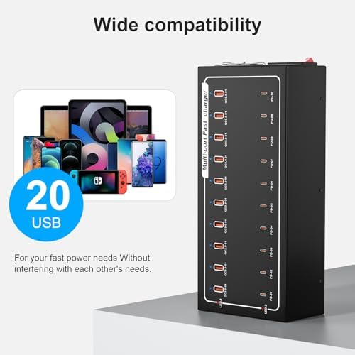 20-Port Fast Charging Station 400W, USB C and USB A Charger Dock with Smart Power Distribution Technology，for Multiple Devices, PD/QC Fast Charging Support - Image 5