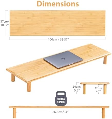 Bamboo Dual Monitor Stand Riser, Natural Desktop Shelf with Storage - Image 4