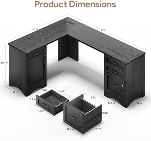 Decofy 67" Farmhouse L Shaped Standing Desk with Drawers Home Office Executive Desks with Fast Charging Station, Lockable File Cabinet, Wood Writing Computer Desk for Work, Study - Image 2