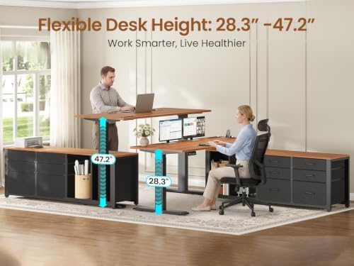 SEDETA L Shaped Electric Standing Desk, 55" x 55" Height Adjustable Corner Office Desk with 6 Fabric Drawers and Storage Shelves, Stand up Home Office Desk with Power Outlet, Black and Brown - Image 4